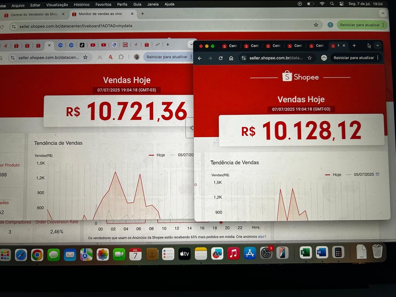 Foto da tela com duas janelas do painel Vendas Hoje da Shopee em 07/07/2025 às 19:04, registrando R$ 10.721,36 e R$ 10.128,12.