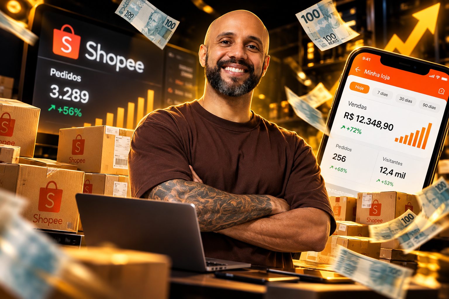 Diego Dias, criador do StartEcom, de braços cruzados em um ambiente de e-commerce com caixas de pedidos, notebook e telas de painel de vendas